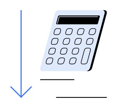 Hesaplayıcı ve aşağı doğru ok hesaplama, maliyet azaltma, analiz ve optimizasyon kavramlarını sembolize eder. Finans, bütçe, muhasebe, matematik, veri değerlendirme kar analizi için ideal