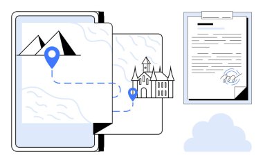 Gezici harita, dağlardan kaleye dijital belge ve bulut elementi ile seyir işaretlerini gösteriyor. Seyahat, teknoloji, navigasyon, planlama, tarih, bulut depolama için ideal