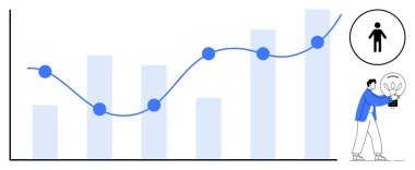 Bağlayıcı çizgisi olan bar tablosu, trendleri gösteren veri noktaları, fikirleri ve yeniliği sembolize eden ampul tutan kişi. İş, büyüme, çözümler, strateji, ilerleme, veri analizleri için ideal