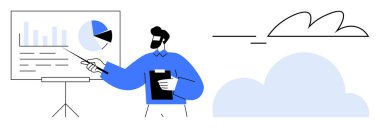 Elinde dosya olan adam, üzerinde turta ve çubuk grafikleri olan tabloları gösteriyor. İş, veri, sunum, bulut hesaplama, eğitim, strateji, analitik için idealdir. Temiz, düz metafor