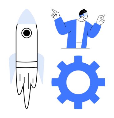 Roket fırlatma, işlem için teçhizat ve yenilik, teknoloji ve ilerleme öneren kulaklıklı birey. Girişimler için ideal, takım çalışması, strateji keşfi yaratıcılık yeniliği. Basit düz