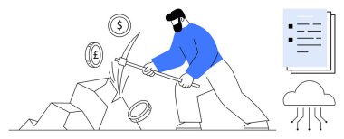 Kazma kullanarak taş, bulut ve belgelere bağlı para birimi sembolleri çıkaran bir adam. Teknoloji, finans, yatırım, ekonomi, analitik engelleme ve yenilik için idealdir. Basit bir daire.