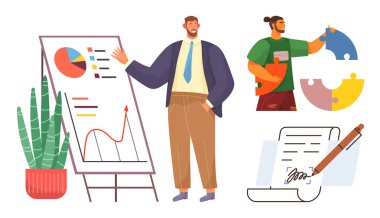 Profesyonel sunum grafikleri, kişisel yapboz parçaları ve işbirliği, planlama ve başarıyı sembolize eden belge imzalama. Takım çalışması, liderlik, strateji ve iş için ideal