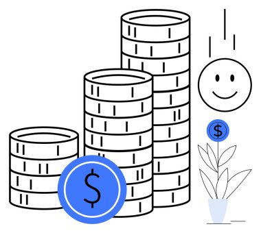 Yığınla bozuk para, gülen yüz ve bozuk parayla birlikte bitki kar, büyüme ve refah gibi kilit fikirleri ön plana çıkarıyor. Ağ, yatırım, gelir, girişimcilik tasarrufu zenginliği için ideal başarı