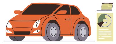 Diz üstü bilgisayar ve analitik çizelgesinin yanında belirtilmiş turuncu araba veri eğilimlerini gösteriyor. Otomotiv teknolojisi, veri analizi, yenilik, ulaşım, araştırma, eko hareketlilik ve iş dünyası için ideal