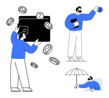 Cüzdanı bozuk paralarla tutan, madeni paraya uzanan, şemsiyeyi tasarruf, bütçe, yatırım, sigorta, zenginlik binası, kişisel finans karar verme mekanizmasını temsil eden bir adam. Basit bir daire için ideal