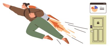 Sırt roketi, analitik çizelge, kilitli kapı tutku, ilerleme ve güvenliği simgeliyor. Yenilik için ideal, veri güvenliği, üretkenlik, kariyer büyüme başarısı için basit enerji