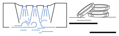 Üst üste yığılmış paralarla dolu bir havuza akan çağlayan su. Yatırım, finans, sürdürülebilirlik, su yönetimi, verimlilik, kaynak planlaması ve ekonomi için ideal. Basit düz metafor