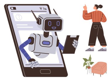 Akıllı telefondaki robot asistanı, onu işaret eden bir kadınla iletişim kuruyor ve evde bitki ve sandalyeyle kuruluyor. AI, yenilik, teknoloji, dijital asistan, gelecek, eğitim, iletişim için ideal