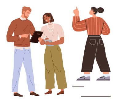 Üç iş arkadaşı iki münazara kâğıdı ile iletişim kurarken, diğeri de güven içinde el kol hareketleri yapıyor. İletişim, takım çalışması, beyin fırtınası, liderlik, işbirliği, ofis kültürü, proje yönetimi için ideal