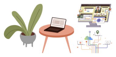 Laptop, saksı bitkisinin yanı sıra yuvarlak ahşap masa üzerinde, uzaktan çalışma veya ağ oluşturma için çevrimiçi arayüz ve birbirine bağlı dijital sistemler için. Üretkenlik, yaratıcılık ve adapte edilebilir çalışma alanı için ideal