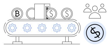 Taşıyıcı bant, hareket halindeki dişliler, kripto para sembolleri ve takım figürleriyle sikke operasyonu. Endüstri, finans, otomasyon, takım çalışması, kripto, yatırım geliri için ideal basit düz metafor