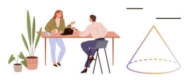 Laptop, kahve, kitaplar, saksı bitkileri ve soyut piramit diyagramı olan bir masada beyin fırtınası yapan iki kişi. Takım çalışması, işbirliği, strateji, yaratıcılık eğitimi için ideal