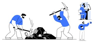 Kaya, bilgisayar analizi ve kaynak toplama için kazma ve çekiç kullanan işçiler. Takım çalışması, emek, madencilik, endüstriyel süreçler, veri analizi, ekonomik kavramlar için ideal basit düz metaforlar