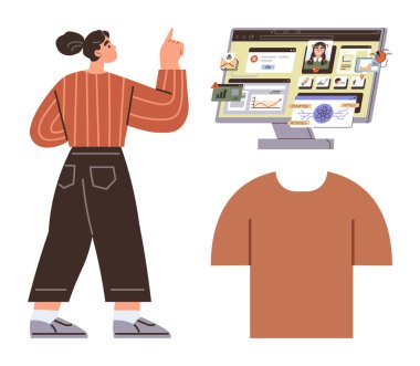 Dijital ekran görüntüleme grafiklerini, grafiklerini, iletişim araçlarını ve video arama düzenini gösteren bir kadın, bir gömlek siluetinin yanında. Eğitim, yaratıcılık, analiz, uzaktan çalışma için ideal