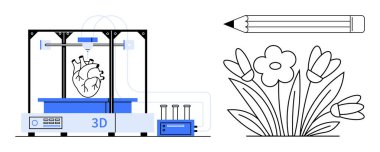 3D yazıcı, yenilik, sanat ve teknolojiyi sembolize eden test tüpleri, kalem ve çiçek çizimleriyle bir kalp tasarlıyor. Yaratıcılık, tasarım, eğitim, yenilik sağlık bilimi sanatı için idealdir.