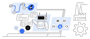 Robot ekranda iletiler, kullanıcı simgeleri ve seçenekler ile etkileşime giriyor. Fabrika ve donanım görselleri endüstri kullanımını öneriyor. Teknoloji, yapay zeka, iletişim, otomasyon, müşteri desteği iş akışı için ideal