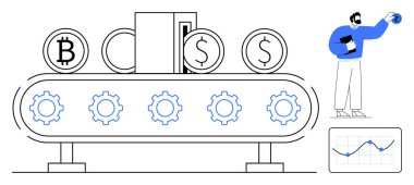 Taşıyıcı Bitcoin ve dolar paralarını dişlilerle dönüştürür. Kişi veri tablosunu analiz eder. Finans, kripto para, otomasyon, engelleme zinciri, yatırım, fintech verimliliği için ideal. Basit düz metafor