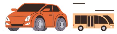 Pürüzsüz tasarımı olan turuncu bir araba ve taşınabilirlik seçeneklerini gösteren bej bir otobüs ve şehir içi ulaşımı. Ulaşım, seyahat, hareketlilik çözümleri, modern araçlar, eko-seyahat, şehir altyapısı, basit