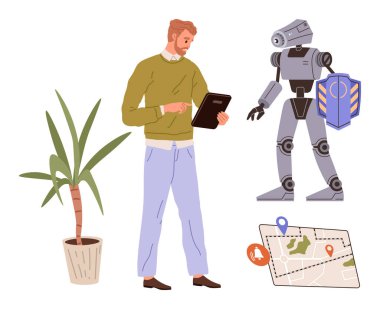 Robotun yanında kalkan, harita, konum işaretleyicileri ve saksı bitkisi olan tablet kullanan bir adam. Teknoloji, yapay zeka, yenilik, robot bilimi, seyrüsefer güvenliği akıllı etkileşim için idealdir. Basit.