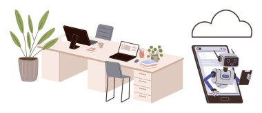 Ofisi masalar, dizüstü bilgisayarlar ve bitkilerle paylaşıyoruz. Bulut deposundan çıkan akıllı telefondan çıkan bir robotla eşleştiriyoruz. Takım çalışması, yapay zeka entegrasyonu, uzaktan çalışma, yenilik ve teknoloji trendleri için ideal