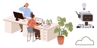 Bilgisayarlar ve bitkilerle ortak masalarda çalışan iki profesyonel, yanında da üzerinde bir ampul ve bir bulut olan yapay zeka robotu. Takım çalışması, yapay zeka, yenilik, çalışma alanı verimliliği için ideal