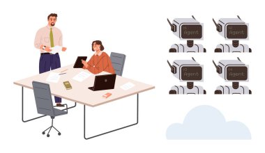 Çalışma arkadaşları, bilgisayarlı bir masada birden fazla yapay zeka robotu ve bulut teknolojisiyle dokümanları tartışıyor. Otomasyon, takım çalışması, bulut hesaplama, yapay zeka, dijital işyeri, üretkenlik için ideal