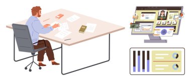 İşadamı, veri tabloları ve profil detayları ile birlikte bir masadaki belgeleri bir bilgisayar monitöründe inceliyor. İş analizi, araştırma, üretkenlik, strateji, planlama ve proje yönetimi için ideal