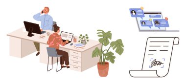 Ofiste çalışan iki profesyonel, ekranda dijital sohbet mesajları ve imzalı bir belge. İş iletişimi, takım çalışması, uzaktan çalışma, dijital iş akışı, sözleşmeler, üretkenlik için ideal