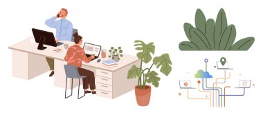 Bitkiler ve dijital bulut bağlantılarıyla çevrili ortak bir ofis masasında bilgisayar ve telefon kullanan iki profesyonel. Takım çalışması, ofis kültürü, teknoloji büyümesi, eko-odaklanma ve işbirliği için ideal