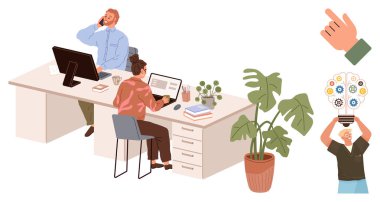 Ofis çalışanları bilgisayar başında çalışıyor, iletişim kuruyor, etrafı saksı bitkileriyle çevrili ve fikirleri sembolize eden bir ampul. İşbirliği, takım çalışması, beyin fırtınası, yenilik, yaratıcılık, üretkenlik için ideal