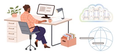 Masada kitaplarla, bitkilerle, masa lambalarıyla çalışan bir adam. Bulut hesaplama şeması ve dünya ağı. Teknoloji, uzaktan çalışma, bilişim, işbirliği, küresel bağlantı verimliliği için ideal