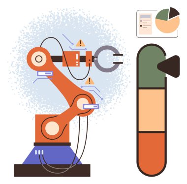 Uyarı işaretleri, performans durum çubuğu ve pasta grafiğiyle birlikte verileri analiz eden robot kol. Otomasyon, teknoloji, imalat, üretkenlik, yapay zeka teşhisi, yenilik ve iş akışı için ideal