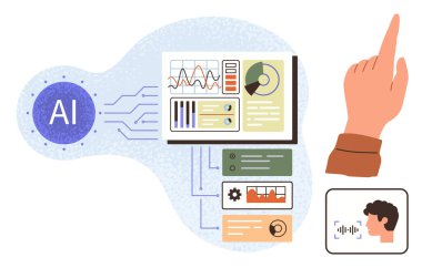 Grafikli veri analizi paneli, yapay zeka logosu, insan sesi giriş simgesi, bağlantı hatları ve el etkileşimi. Teknoloji, yapay zeka, yenilik, makine öğrenme otomasyon verileri için ideal