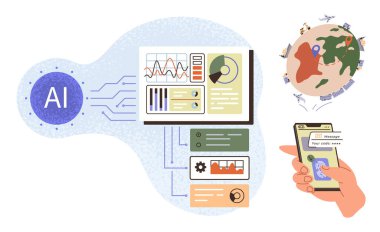 Yapay zeka teknolojisi veri içgörülerini grafikler, iletişim sistemi ve küresel bağlantı görselleştirmesi ile işliyor. Yenilik için ideal, otomasyon, teknoloji, takım çalışması, analiz, dijital