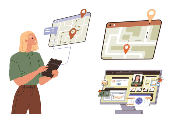 Женщина использует планшет для навигации по карте и отслеживания, цифровые экраны с онлайн данными, графиками и профилями. Идеально подходит для образования в области информационных технологий, онлайн-исследований, геолокации, аналитики