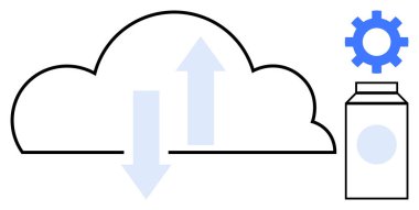 Yukarı ve aşağı oklarla bulut şekli, dişli sembolik ayarlar ve bir kap. Teknoloji, yazılım, bulut depolama, veri transferi, otomasyon, yapılandırma bulut çözümleri için ideal