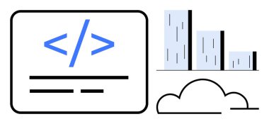 Dikdörtgen bir çerçeve, bulut şekli ve çubuk grafiğinde küçük bir parça. Programlama, bulut hesaplama, veri görselleştirme, teknoloji, analitik yenilik geliştirme için idealdir. Basit düz metafor