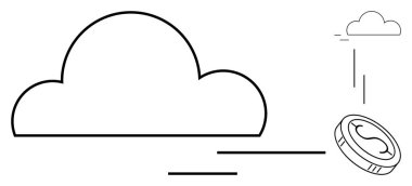 Büyük bulut ve düşen para bulut hesaplama, veri transferi ve dijital ekonomiyi temsil eder. Teknoloji, fintech, yenilik, finansal büyüme, ağ oluşturma, bulut depolama modern ekonomi için ideal