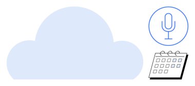 Büyük bulut, daire şeklinde mikrofon ve takvim sayfası. Bulut teknolojisi, ses kaydı, işbirliği, zamanlama, veri depolama üretkenlik organizasyonu için ideal. Basit düz metafor