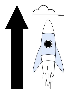Roket yukarı doğru siyah ok, minimalist bulut ve hareket çizgilerinin yanından kalkıyor. Yenilik, büyüme, girişim, başarı, ilerleme, motivasyon alanı keşfi için ideal basit düz metafor
