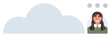 Kadın avatarı ve konuşma baloncukları olan bulut simgesi, bulut depolama, kullanıcı etkileşimi, iletişim, işbirliği ve dijital bağlantıyı sembolize ediyor. Teknoloji, takım çalışması, sosyal medya için ideal