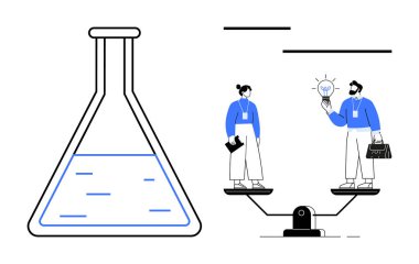 Terazinin yanında akışkan bir şişeyle kadın ve erkek fikirleri tartışıyor. Yenilik, araştırma, işbirliği, eşitlik, takım çalışması, karar verme, bilim için idealdir. Basit bir düz metafor.