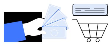 Nakit para, alışveriş arabası ve makbuz. Finans, ödeme, e-ticaret, alım, perakende bütçe ve tüketici malları için ideal. Minimalist basit düz metafor