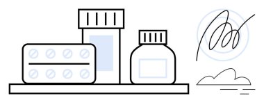 İlaç paketleri, ilaç şişeleri ve sağlık hizmetleri, eczane, reçete, ilaç kullanımı, sağlık yönetimi, hastane ayarları ve güvenlik kavramlarını basit bir şekilde tasvir eden karalanmış bir tıbbi imza.