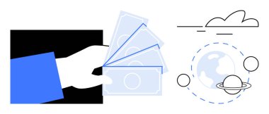 Küresel ticaret, finans, ekonomi, yatırım, uluslararası ticaret, sermaye değişimi ve sürdürülebilir büyümeyi simgeleyen, dünyanın etrafında dönen gezegenler ve bulutlarla el ele tutuşan kağıt para. Basit.