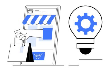 Mobil ekranda vitrin, el çantası, teçhizatlı ampul. E-ticaret, çevrimiçi alışveriş, yenilik, perakende satış, girişimcilik dijital pazarlama için idealdir. Basit.