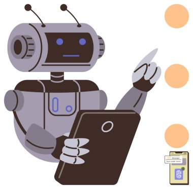 Robot tableti tutuyor, dikey düzendeki öğeleri gösteriyor. Teknoloji, otomasyon, robot bilimi, yapay zeka, veri işleme, karar verme, basit düz metafor