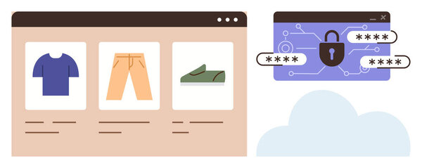 Online storefront featuring clothing and footwear items, paired with a secure password lock for data protection. Ideal for e-commerce, cybersecurity, technology, shopping, privacy, online retail