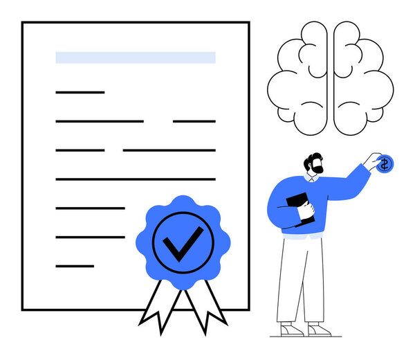Certificate with badge, human holding a document, brain illustration above. Ideal for certification, education, intellectual growth, training, achievement, career development simple flat metaphor